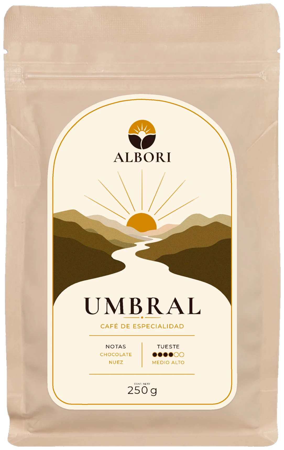 Bolsa crema de UMBRAL con etiqueta frontal neutra.