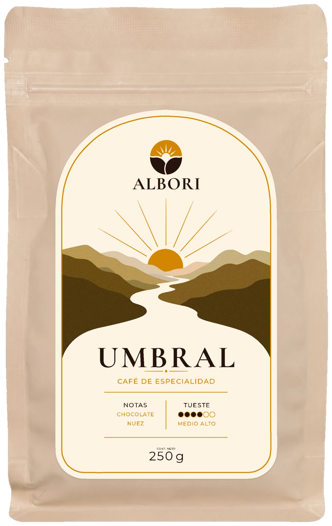 Bolsa crema de UMBRAL, café de especialidad de ALBORI, con etiqueta frontal neutra.
